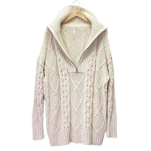 Free People Driftwood Cable Knit Polo in Ivory Size Medium M Fisherman Oversized - Picture 9 of 16